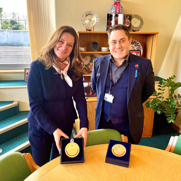 Gillian Keegan MP (left) met with Andrew Green (right), the CEO of Chichester College Group, earlier this year following their awarding of the prestigious Queen’s Anniversary Prize for education.